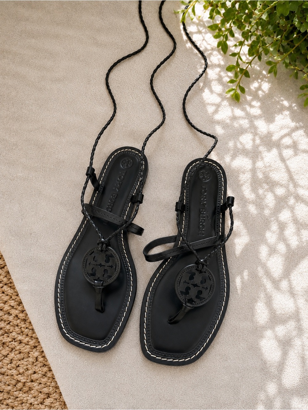 Tory Burch Miller Braided Lace-Up Sandals – Black Leather – Size 8.5M